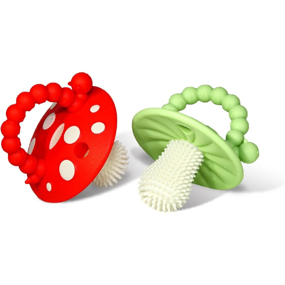 RaZbaby Chompy mushroom silicone baby teether toy front view red and green colors