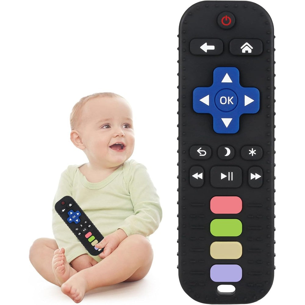 EZ Living Chuya baby teether toy front view of black television remote control shape.