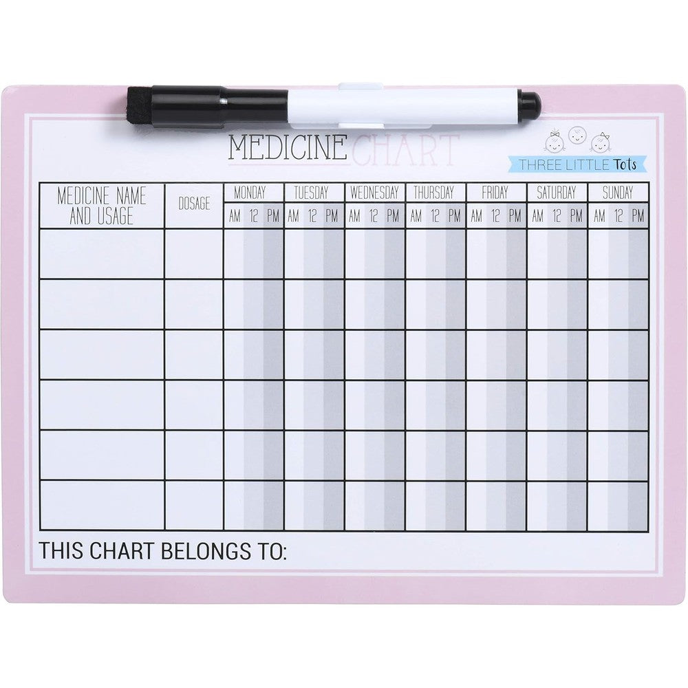 Three Little Tots Medicine Refrigerator Tracker Chart Pink front view magnetic board