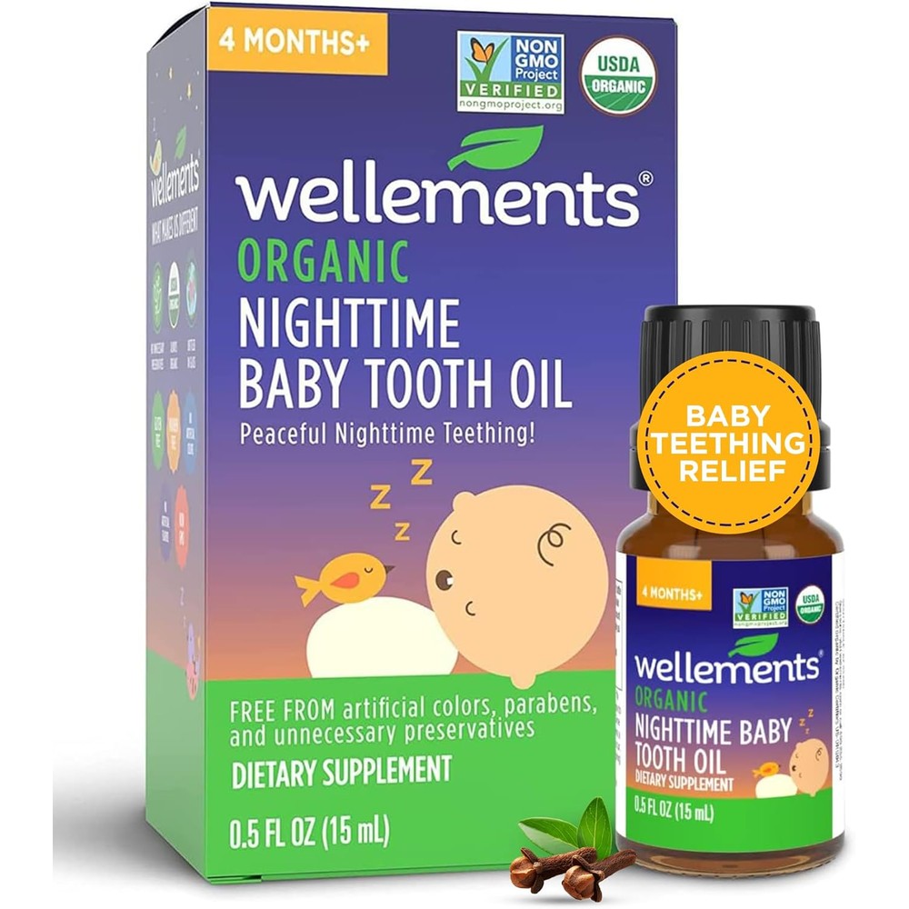Wellements Organic Nighttime Baby Tooth Oil front view packaging