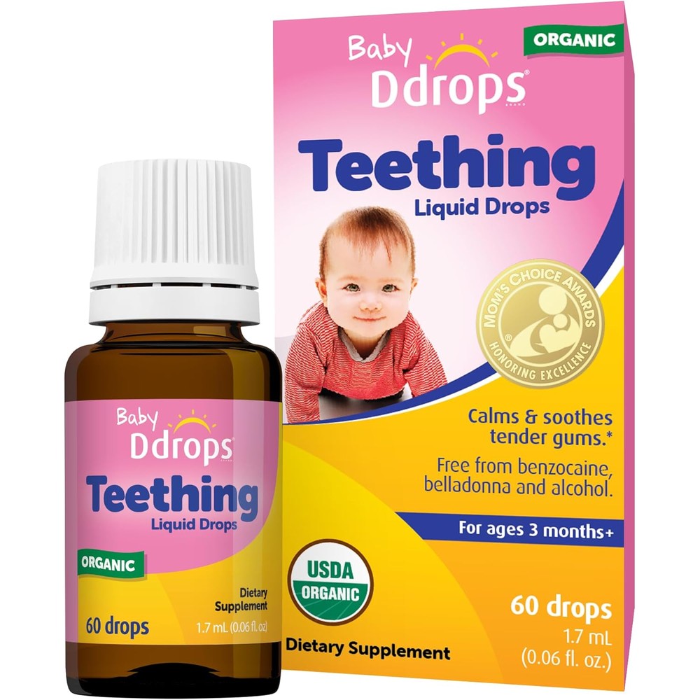 Ddrops Baby Organic Teething Liquid Drops front box packaging for infant gum relief