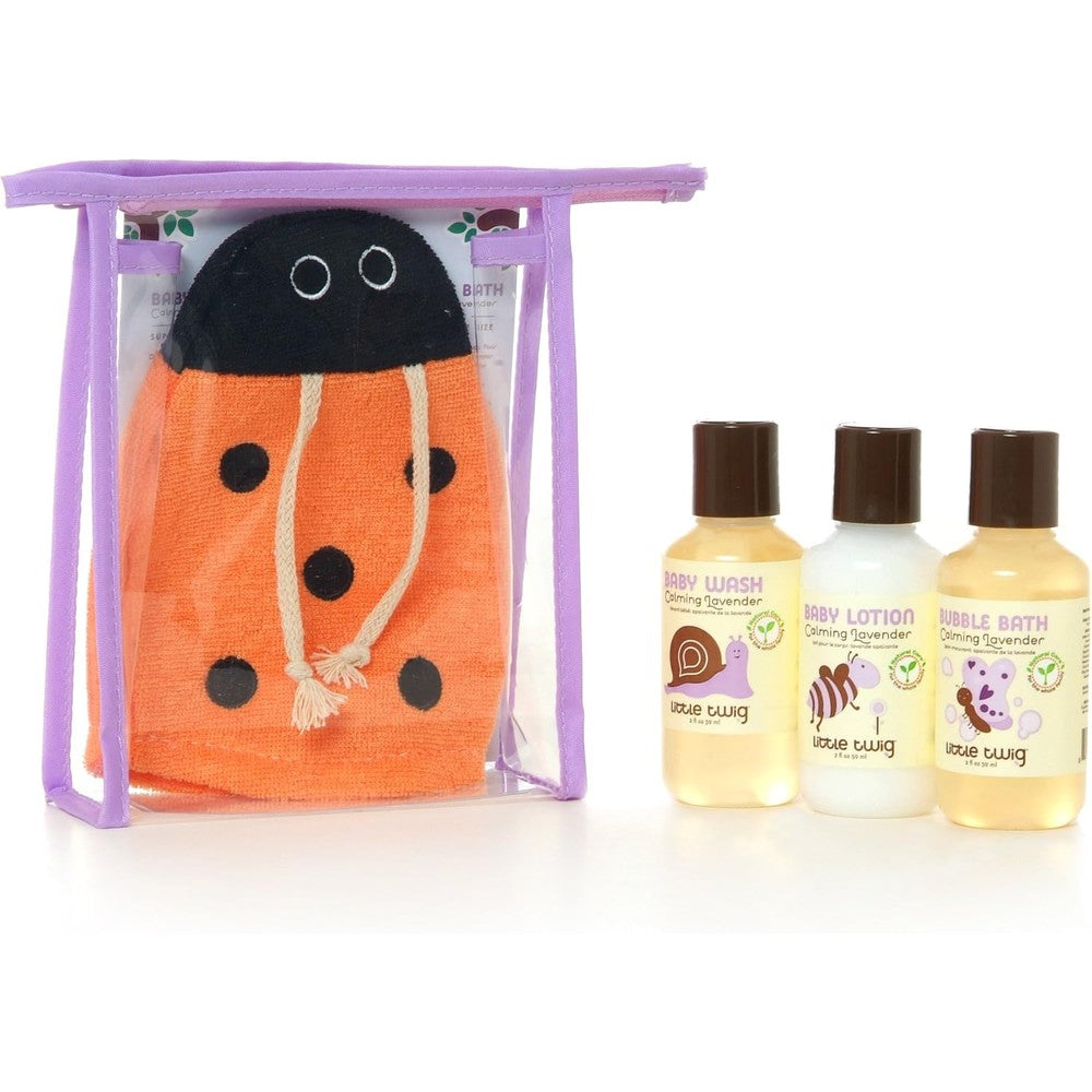 Little Twig Calming Lavender Travel Basics Set with ladybug mitt front view