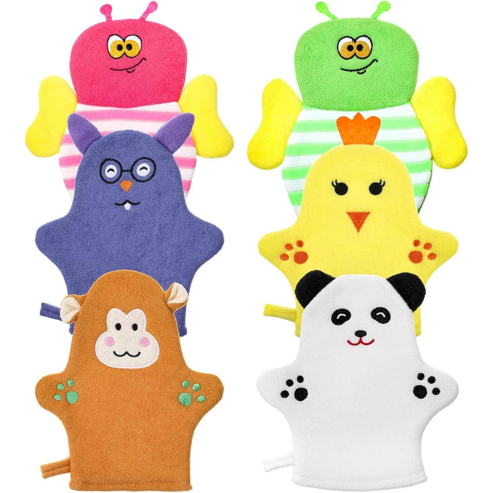 Sibba 6 piece baby bath mitt set with animal designs