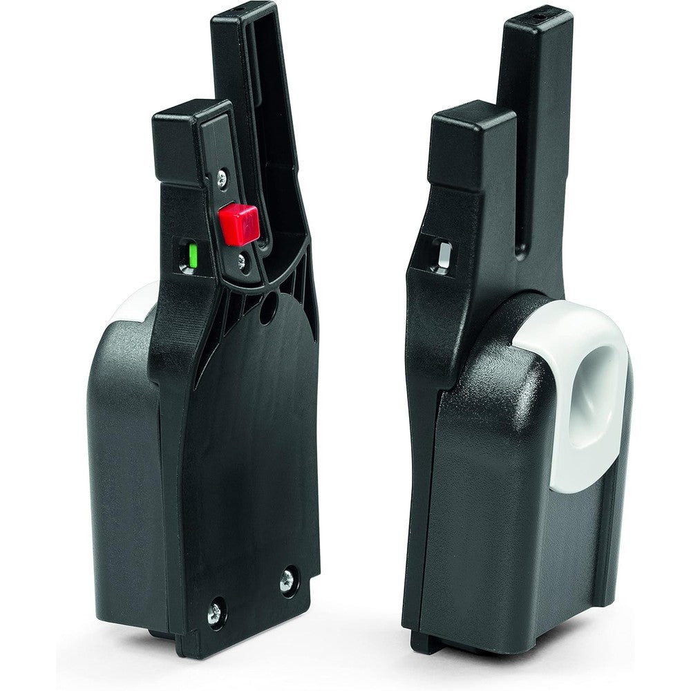 Peg Perego infant car seat adapter links for UPPAbaby strollers front view showing the sleek black plastic construction.