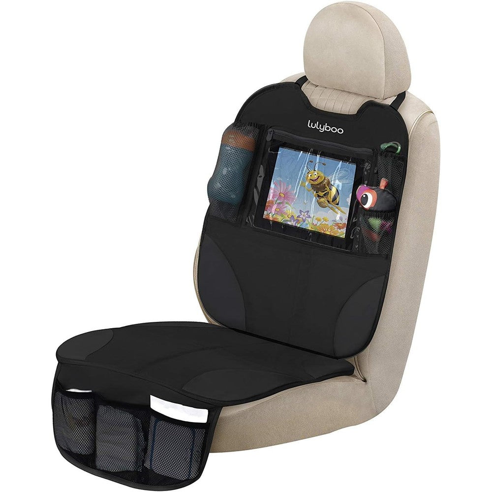 Lulyboo car seat protector and organizer front view showcasing the black nylon material and mesh storage pockets.