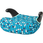 Cosco Rise Backless Booster Car Seat front view showing the blue and turquoise geometric Ripple patterned fabric cover