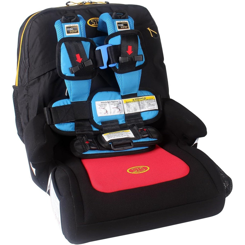 RideSafer Extra Small Blue Travel Vest and booster seat combo front view for portable child car safety.