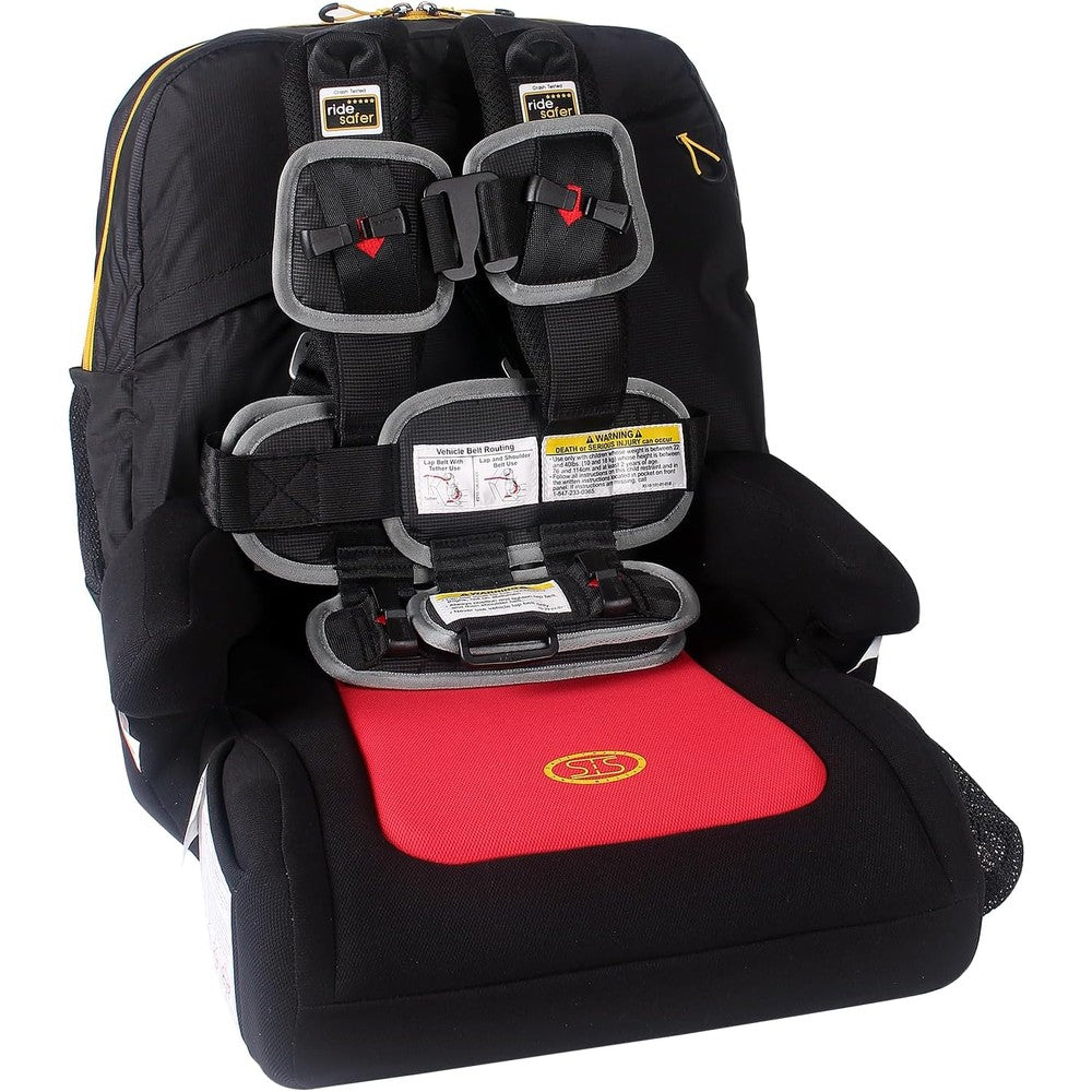 RideSafer extra small black travel vest and booster seat combo front view portable car seat alternative