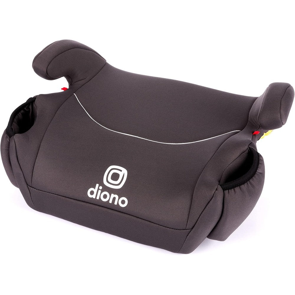 Diono Solana backless booster car seat in charcoal gray front view showcasing ergonomic seat base.