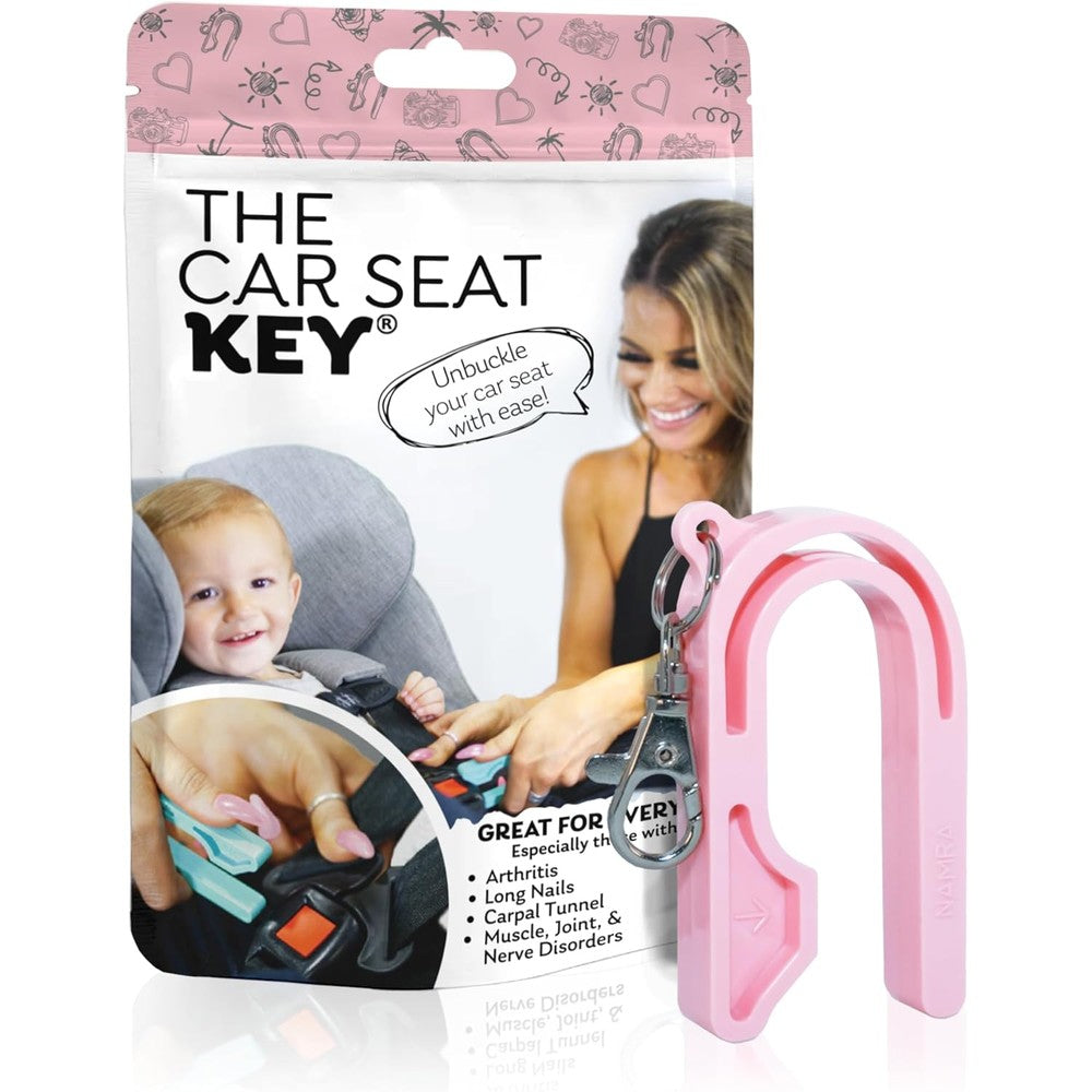 Namra Car Seat Key pink buckle release tool front view on keychain