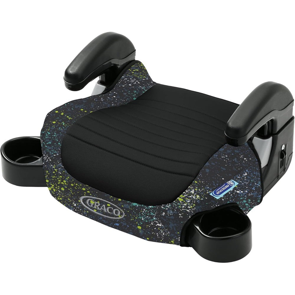 Graco TurboBooster 2.0 Backless Booster Seat front view in colorful Splatter Art pattern for child vehicle safety.
