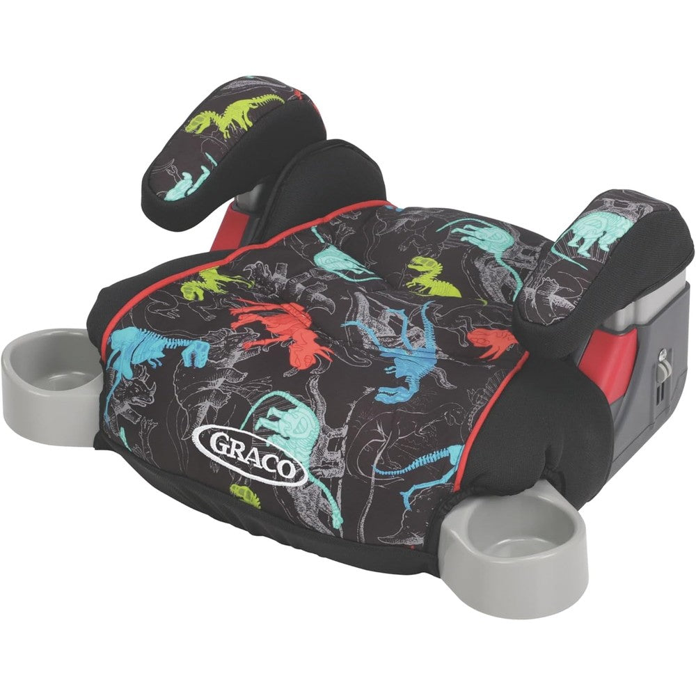 Graco TurboBooster backless booster car seat in dinorama pattern front view showcasing dinosaur illustrations