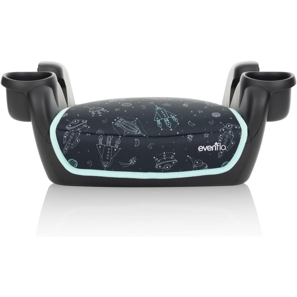 Evenflo GoTime No Back Booster Car Seat Blue Astro front view showing space themed design and dual cup holders.