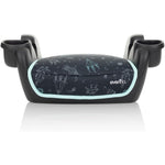 Evenflo GoTime No Back Booster Car Seat Blue Astro front view showing space themed design and dual cup holders.