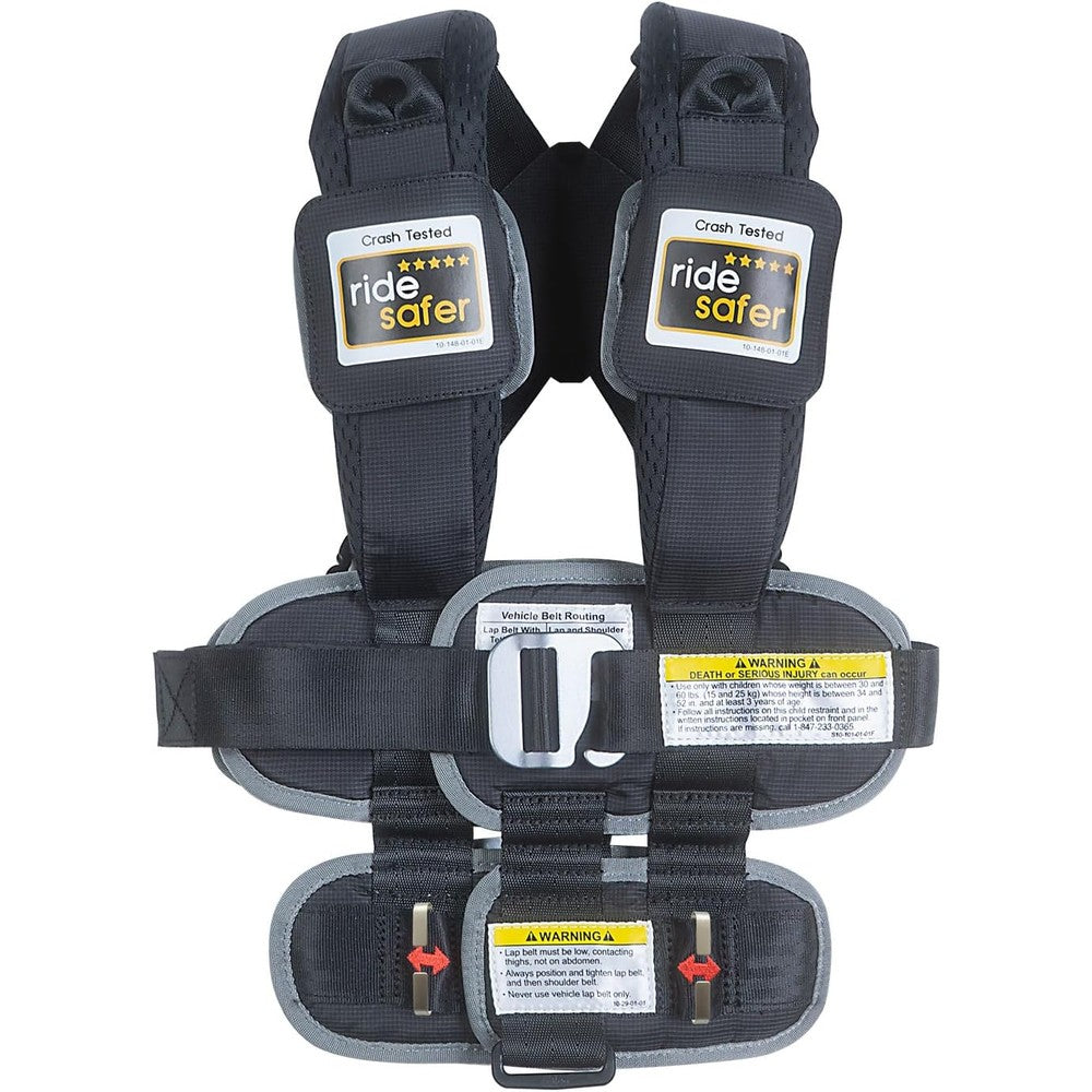 RideSafer Gen 5 small black wearable travel car seat vest front view showing belt routing guides.