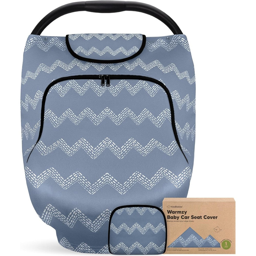 KeaBabies Warmzy winter baby car seat cover in indigo front view installed on an infant seat.