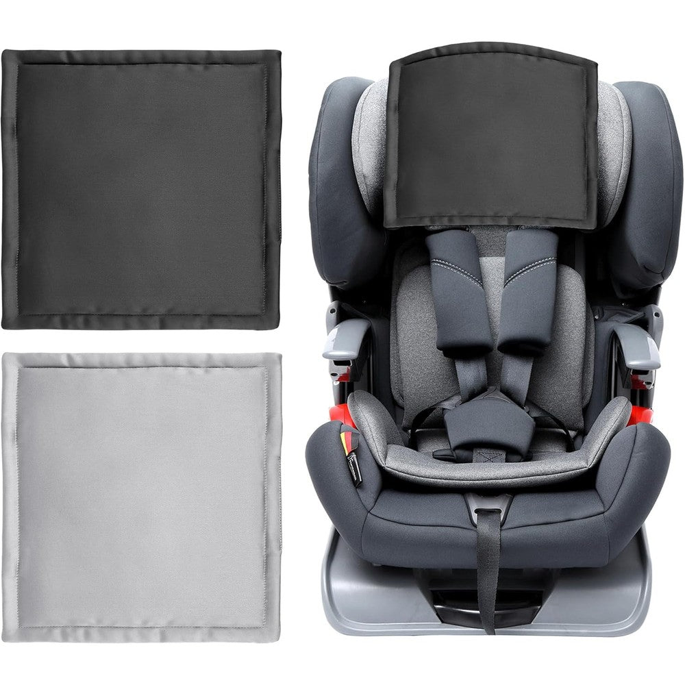 Sprouterie satin car seat headrest cover baby front view black and silver two pack