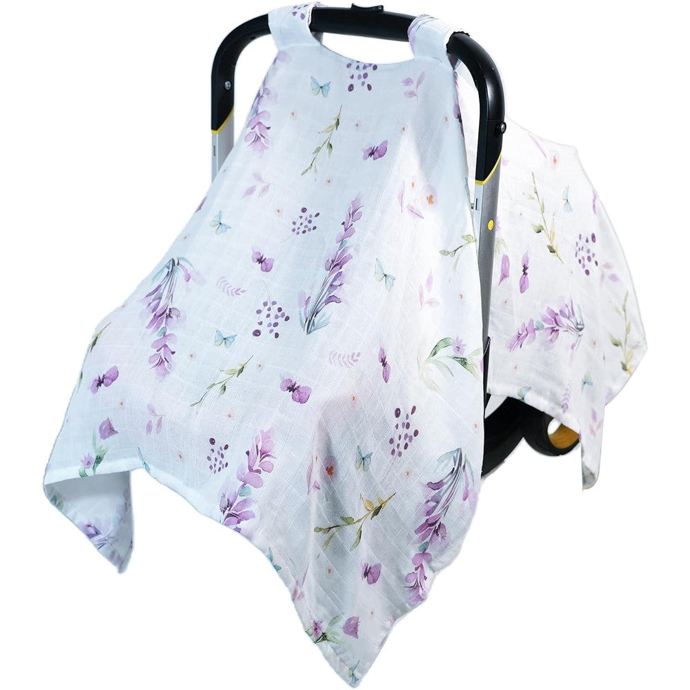 80S Muslin Baby Car Seat Cover front view featuring purple floral and butterfly print