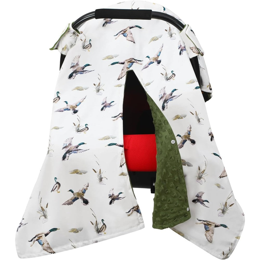 Honeydak mallard duck baby car seat cover front view showing duck hunting pattern canopy.