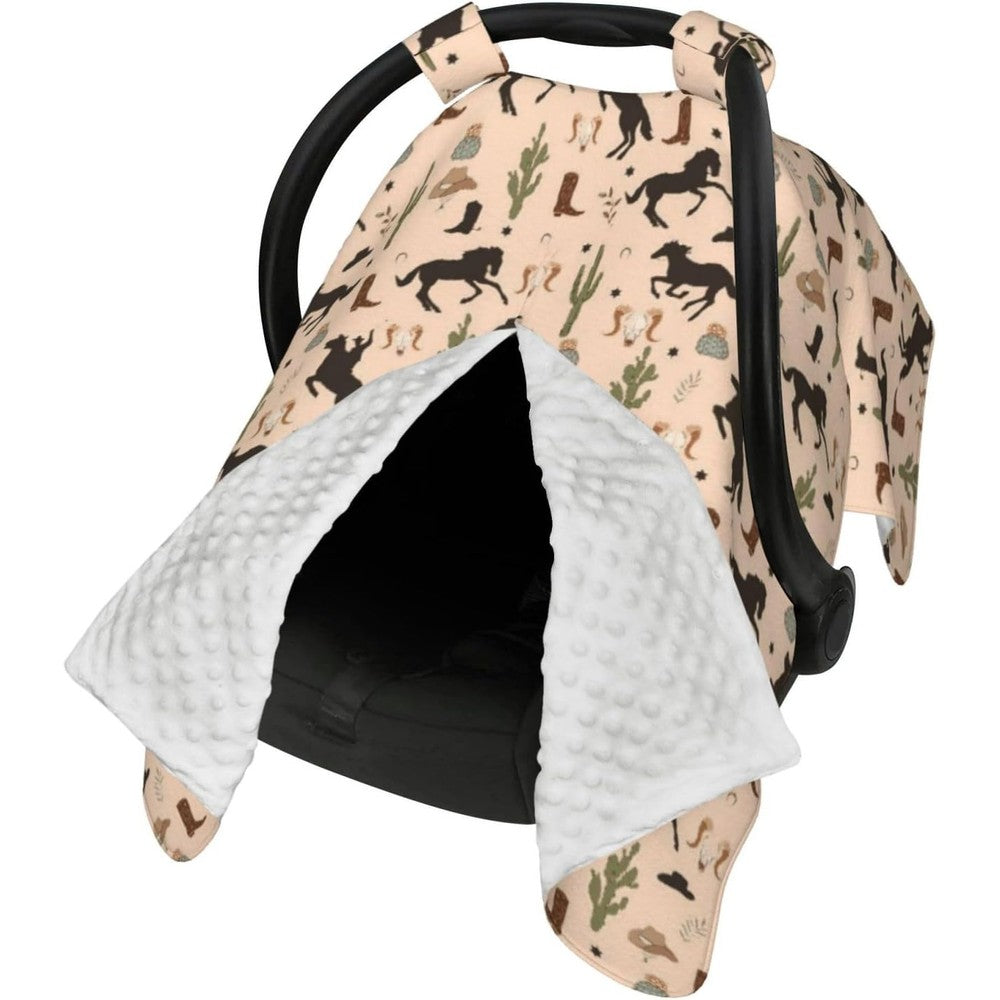 Lunepon Western baby car seat canopy cover front view featuring pink cowboy boot print.