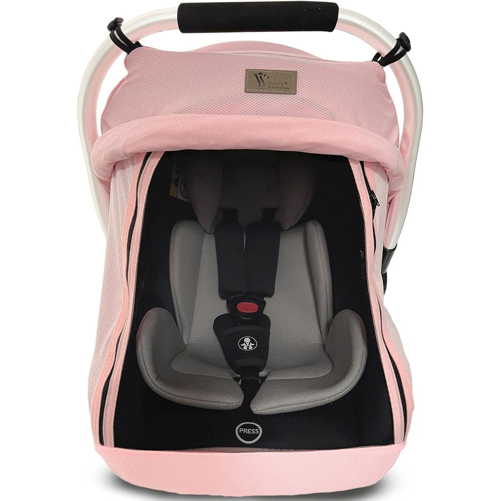Yazely universal baby car seat cover front view in pink installed on an infant carrier.