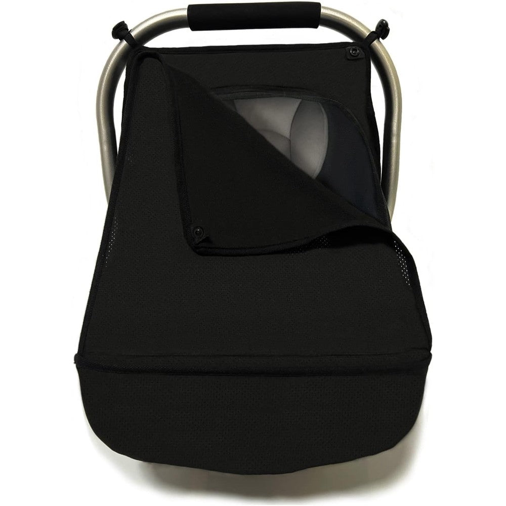 ZERTAO 3-in-1 baby car seat canopy cover front view in black installed on an infant carrier.
