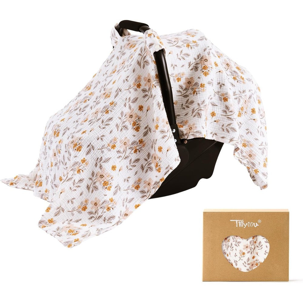 TILLYOU baby car seat cover front view yellow flower print canopy