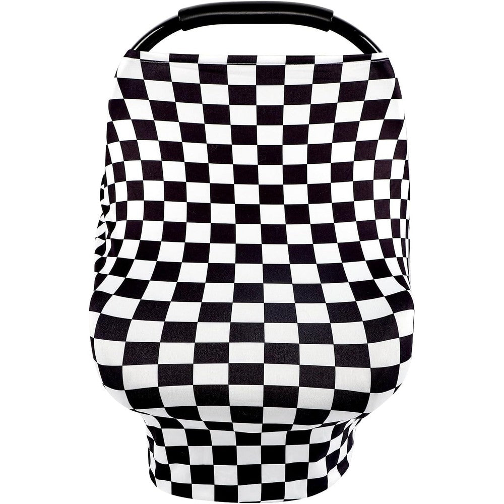 TANOFAR multi use baby car seat cover in black checkered print installed on an infant carrier front view