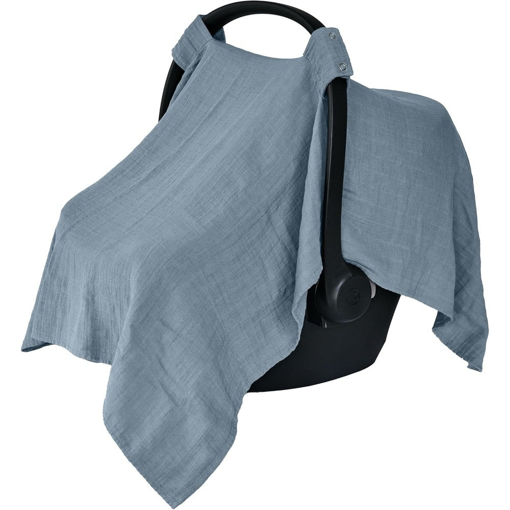 Huxie organic muslin baby car seat cover front view in tradewinds blue draped over an infant carrier canopy