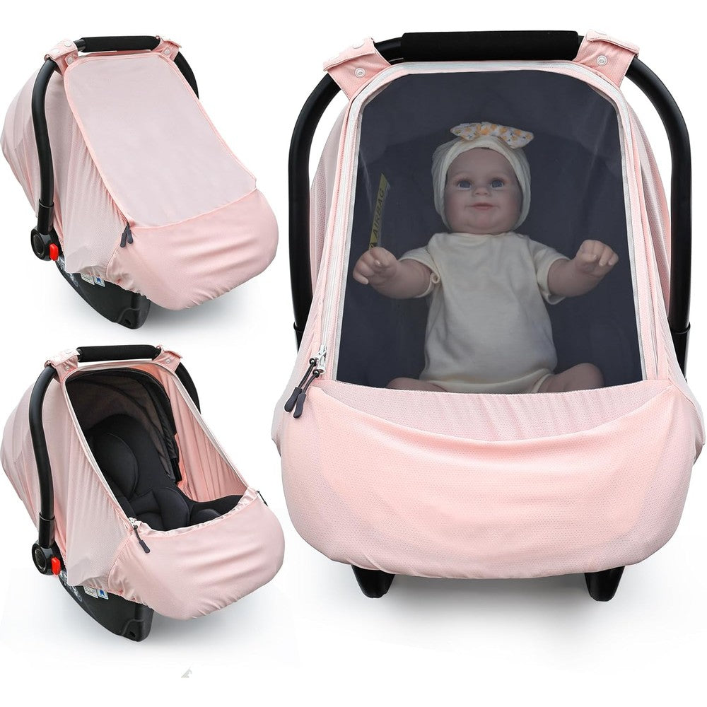 Beatoutou baby car seat cover in pink shown from the front view on an infant carrier.