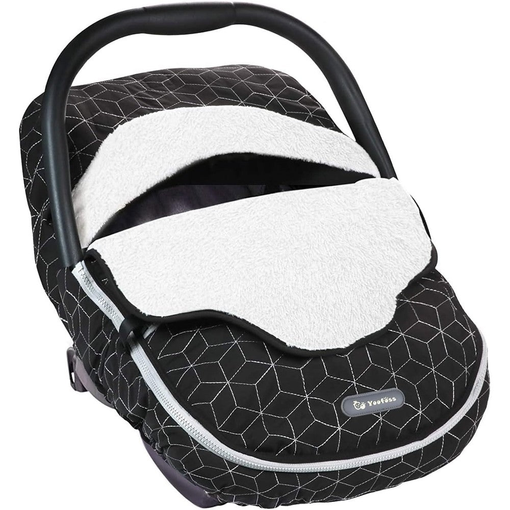 Yoofoss baby car seat cover front view showing black geometric pattern exterior