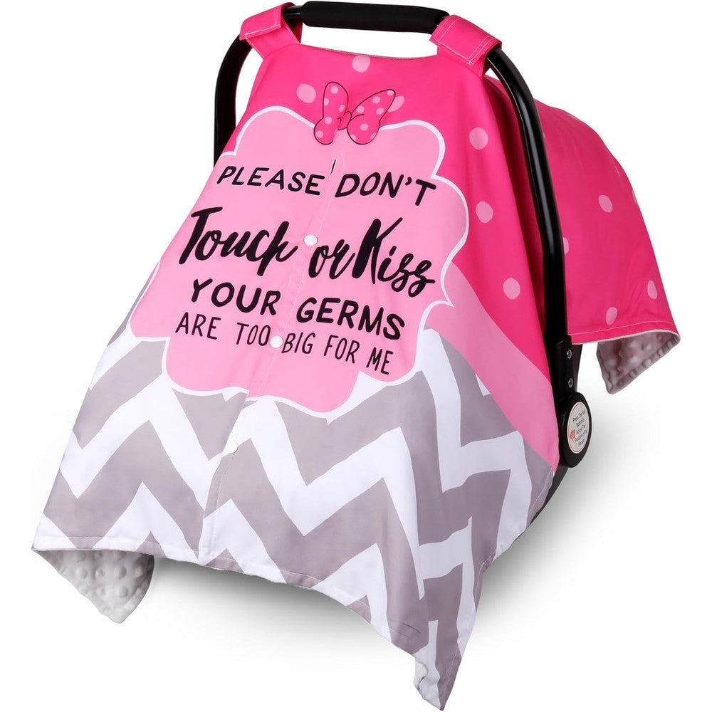 Metplus 2 in 1 baby car seat cover front view showing pink and gray chevron pattern