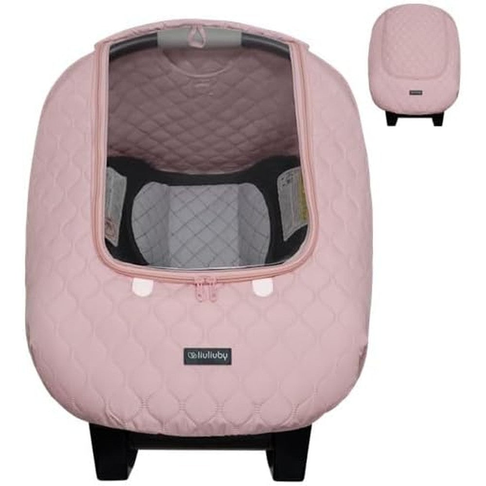 Liuliuby baby car seat weather shield in pink front view on infant carrier
