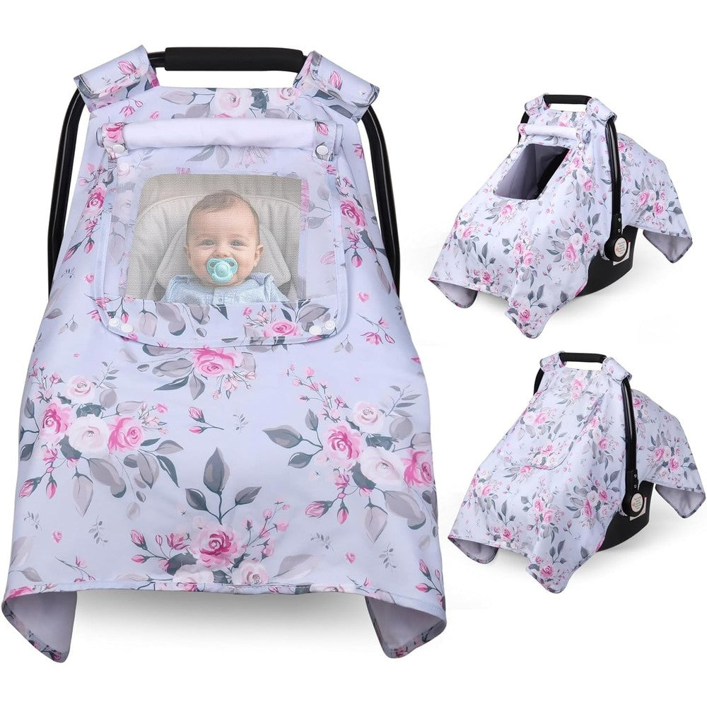 Bnditeu baby car seat cover front view showing the dual layer windows deployed on an infant carrier.