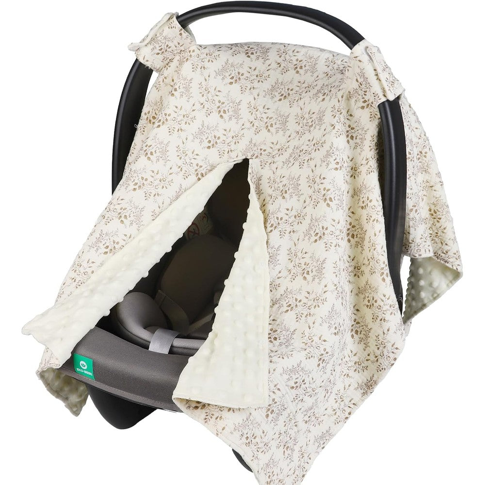 Metplus 2-in-1 baby car seat cover and canopy front view showing floral pattern on a stroller.