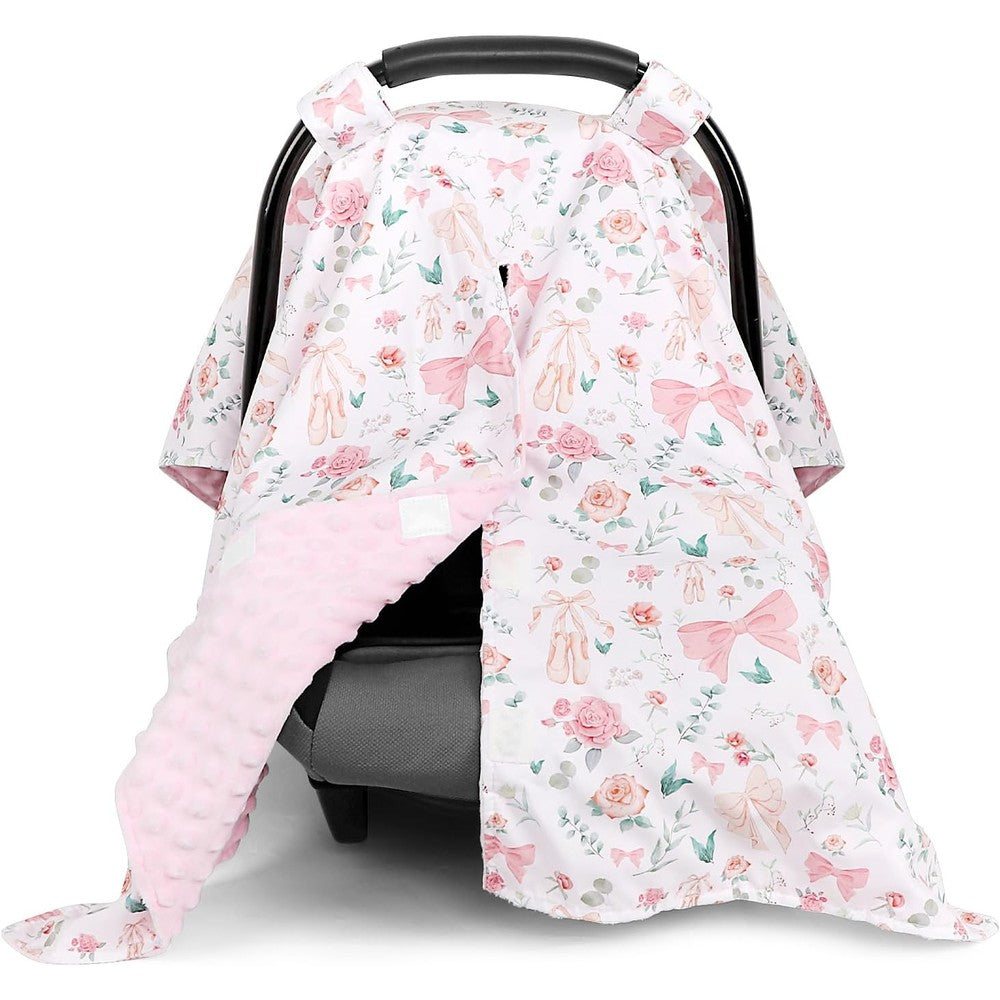 GFU baby car seat cover front view pink flowers print over an infant carrier