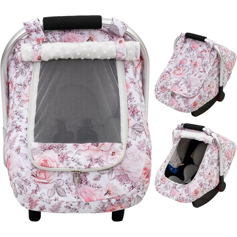 Kenkyo car seat cover baby girls front view showing pink floral pattern on infant carrier