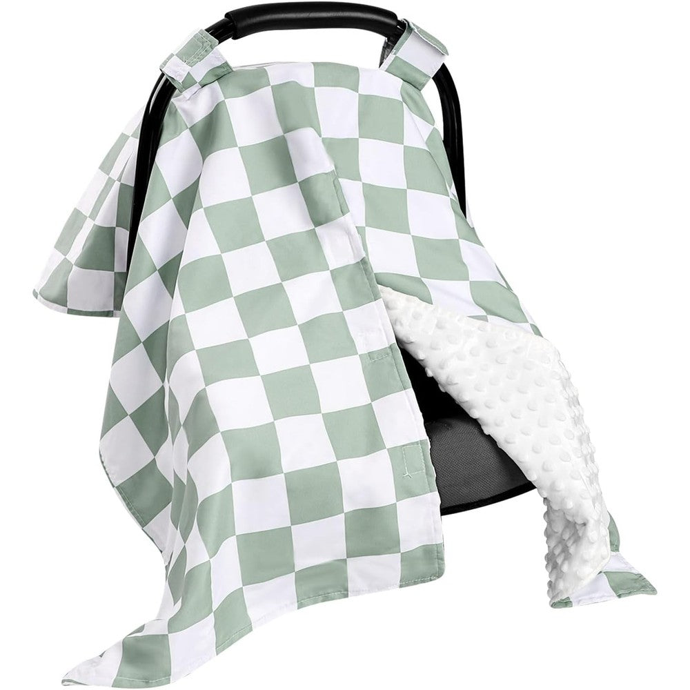 DILIMI baby car seat cover front view featuring green checkered pattern over an infant carrier