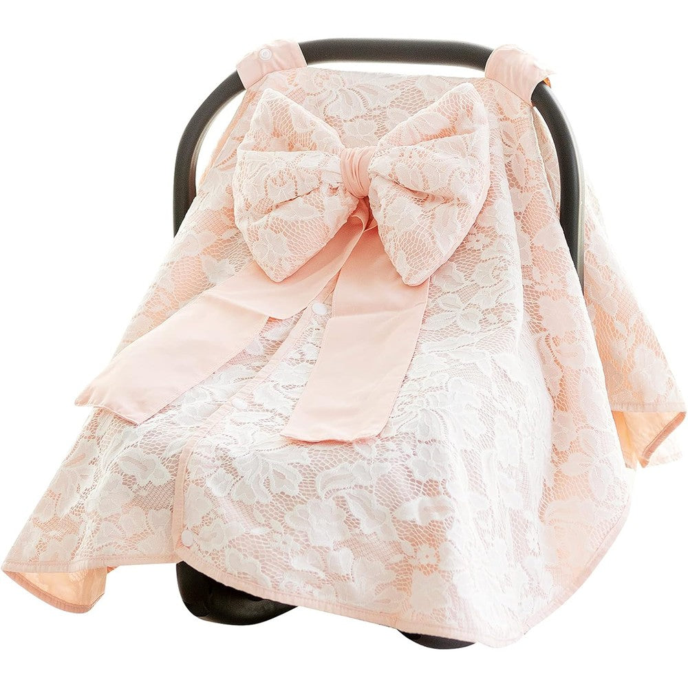 Razee baby car seat canopy cover front view with large pink decorative bow