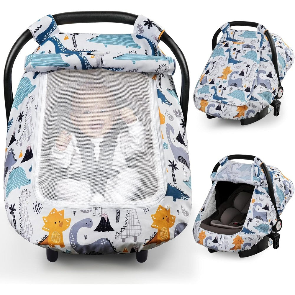 Elstey infant car seat cover front view demonstrating blue dinosaur pattern