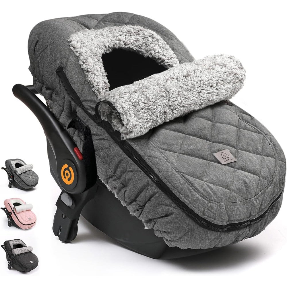 Acrabros winter infant car seat cover in heather grey front view installed on baby carrier