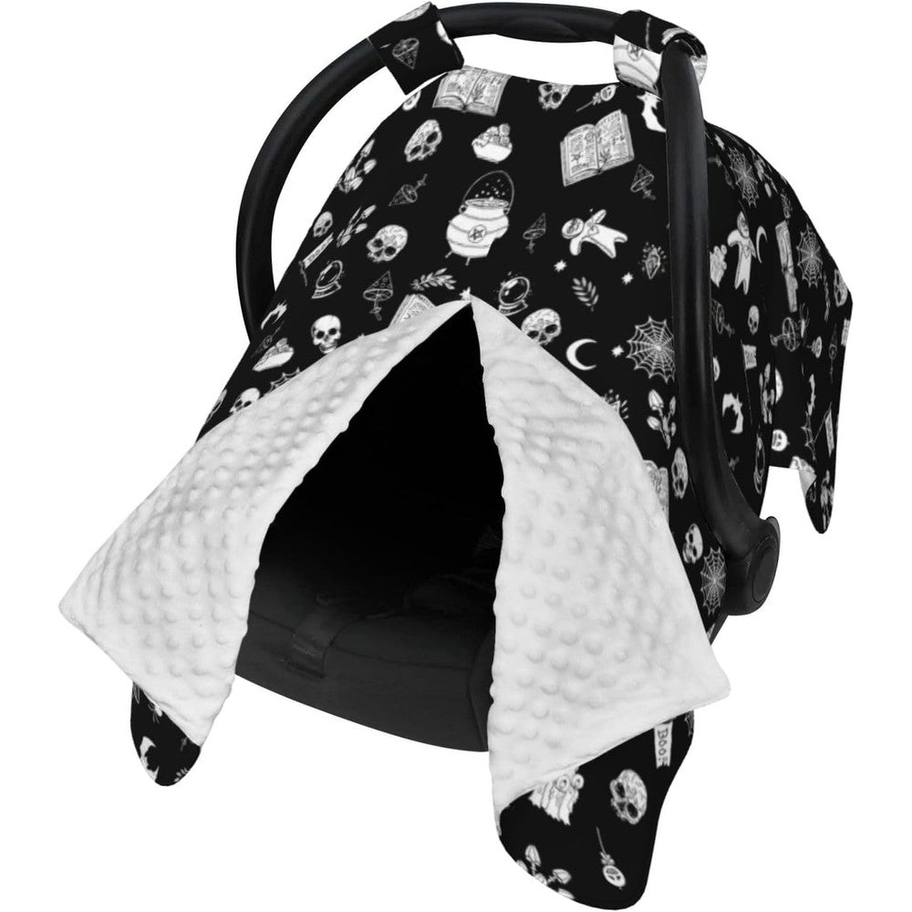 Yobvec gothic baby car seat canopy cover front view featuring skull pattern