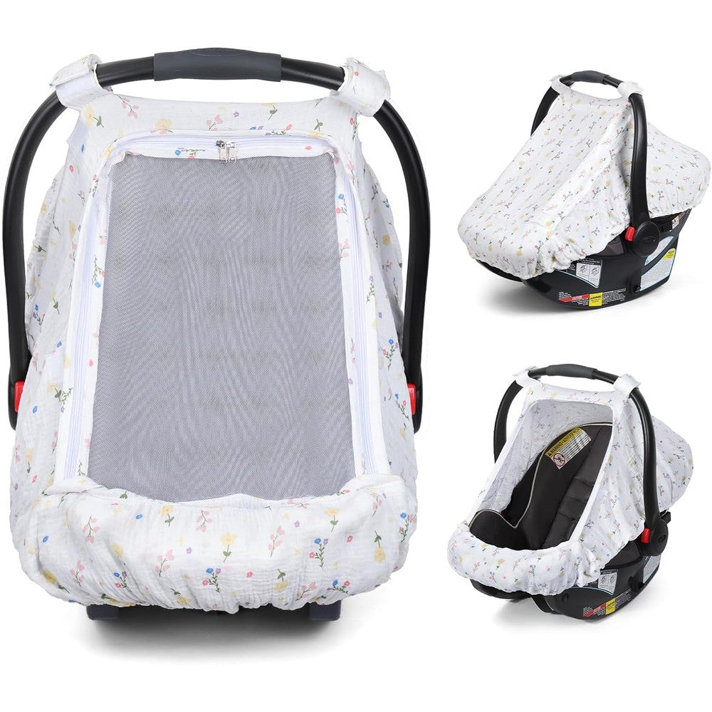 Orzbow Cotton Baby Car Seat Cover in white color front view shielding an infant carrier