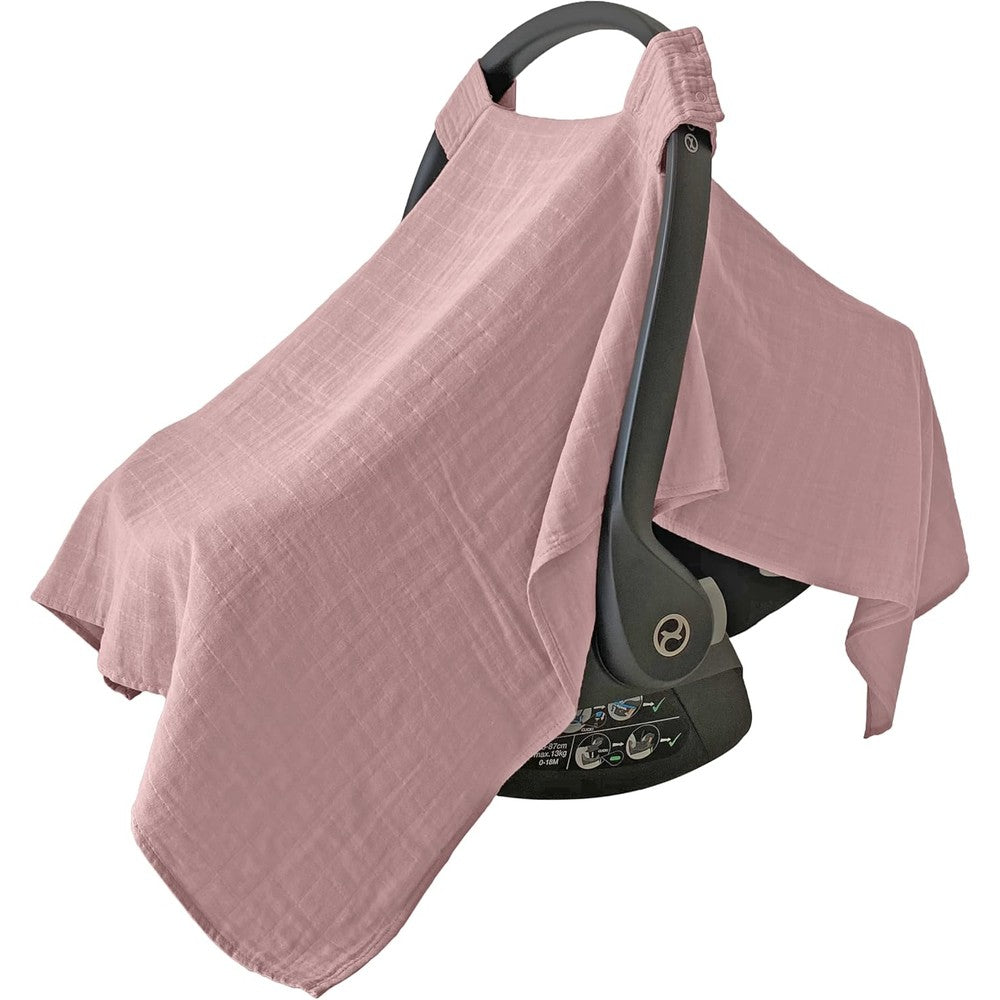 MOZAH 100% Organic Muslin Baby Car Seat Cover front view draped on an infant carrier in Pale Mauve color