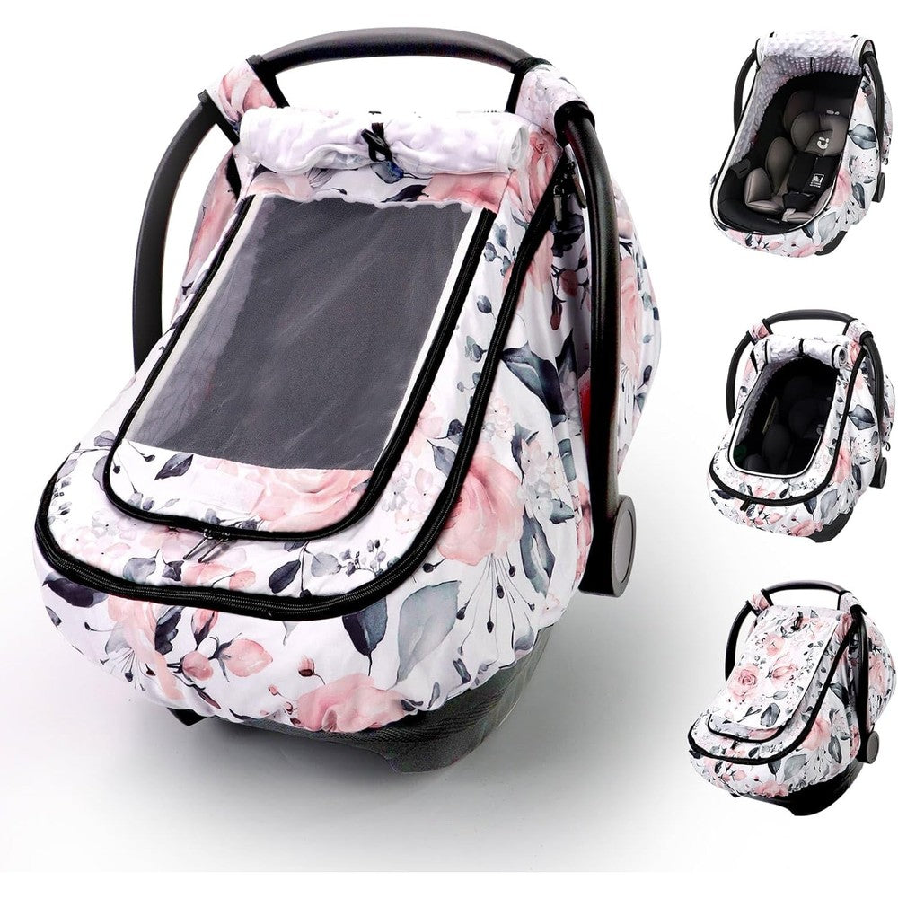 Sweetwavet infant car seat cover pink floral front view over carrier