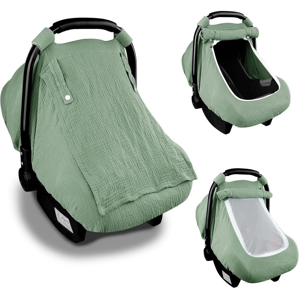 Hooyax Muslin Baby Car Seat Cover front view on an infant carrier.