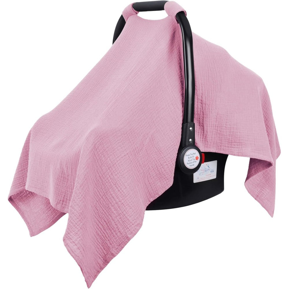 Metplus Muslin Car Seat Cover front view fitted on an infant carrier canopy