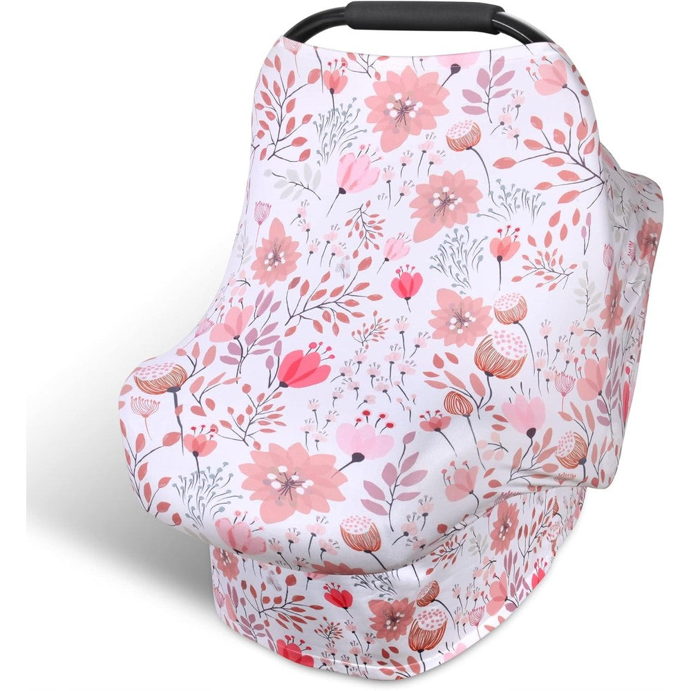 Rquite All-in-1 Car Seat Cover front view featuring botanical floral print on standard baby carrier