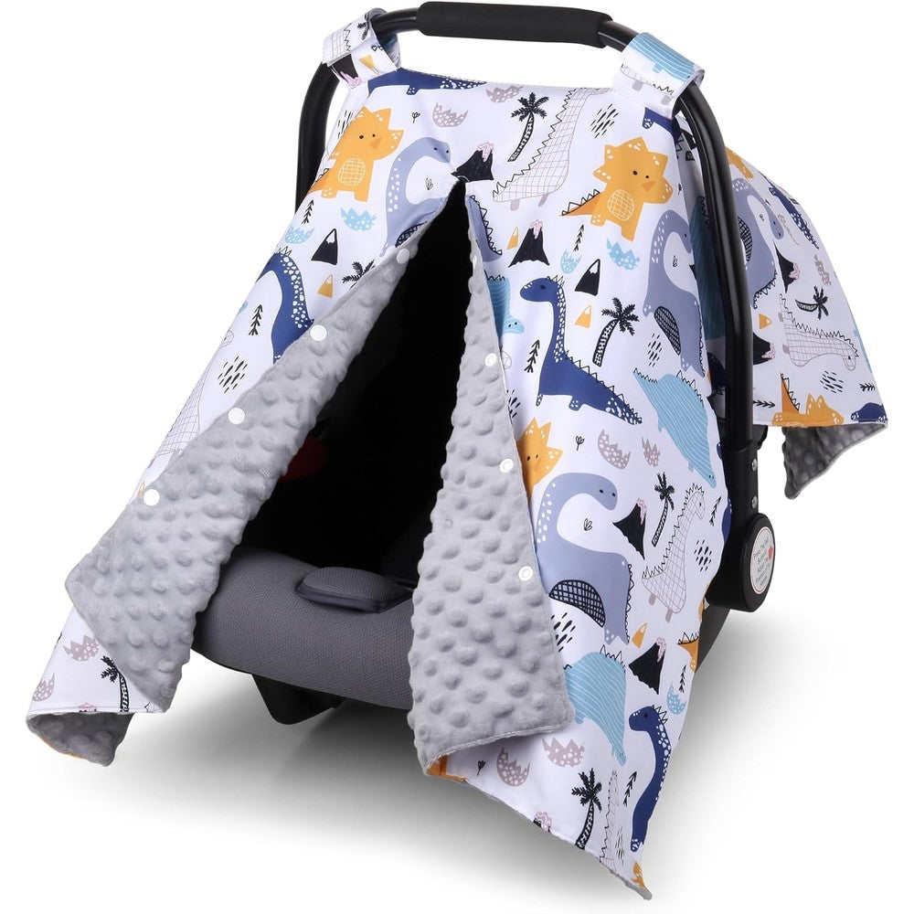 Rquite baby car seat cover dinosaur print front view on carrier