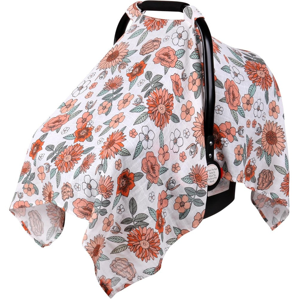Rquite muslin cotton infant car seat cover front view floral pattern carrier canopy